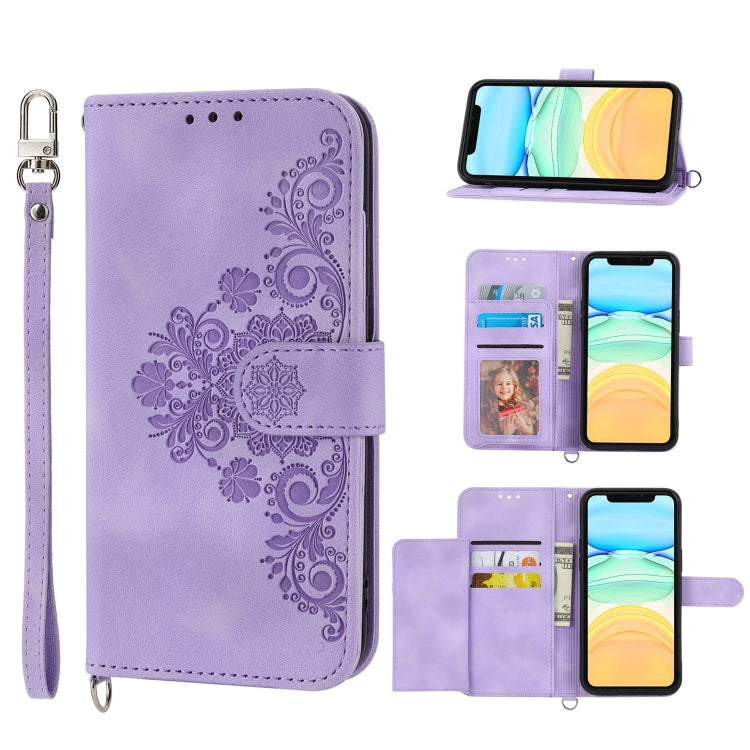 For iPhone 12 / 12 Pro Skin-feel Flowers Embossed Wallet Leather Phone Case