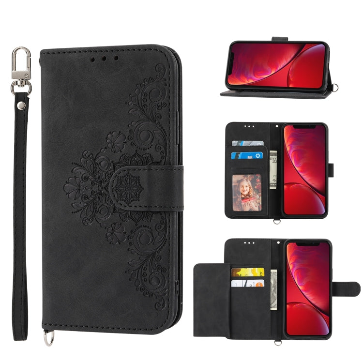 For iPhone XR Skin-feel Flowers Embossed Wallet Leather Phone Case