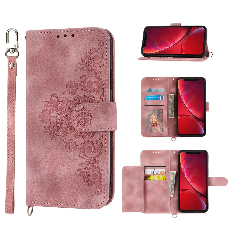 For iPhone XR Skin-feel Flowers Embossed Wallet Leather Phone Case