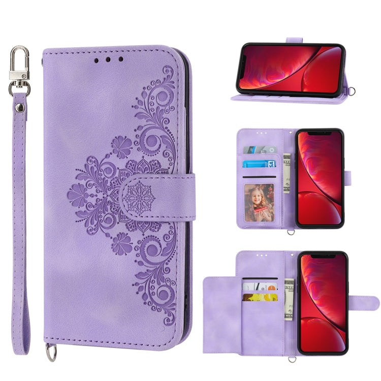 For iPhone XR Skin-feel Flowers Embossed Wallet Leather Phone Case