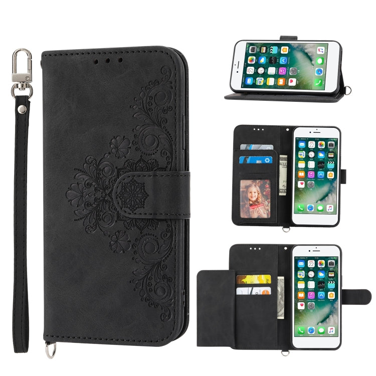 For iPhone SE 2022 / SE 2020 / 8 / 7 Skin-feel Flowers Embossed Wallet Leather Phone Case