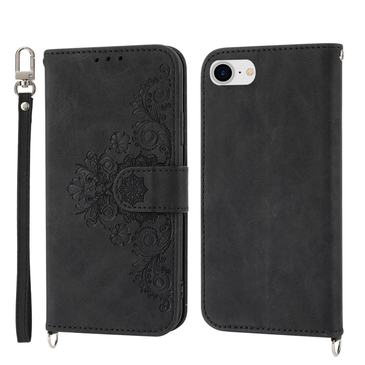 For iPhone SE 2022 / SE 2020 / 8 / 7 Skin-feel Flowers Embossed Wallet Leather Phone Case