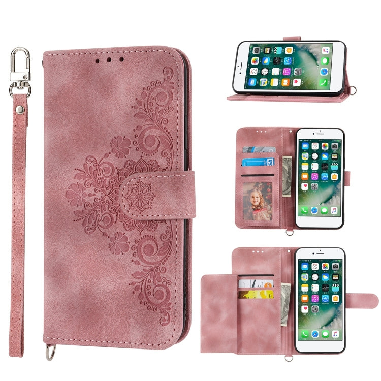 For iPhone SE 2022 / SE 2020 / 8 / 7 Skin-feel Flowers Embossed Wallet Leather Phone Case