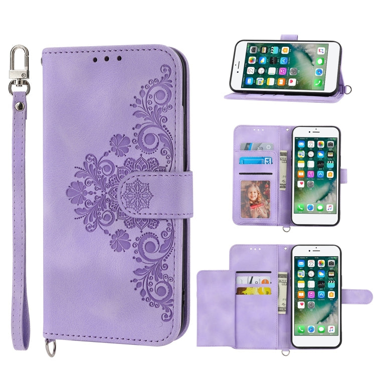 For iPhone 8 Plus / 7 Plus Skin-feel Flowers Embossed Wallet Leather Phone Case