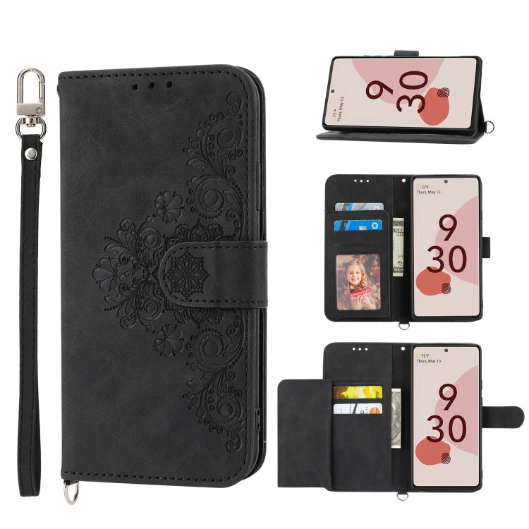 For Google Pixel 6a Skin-feel Flowers Embossed Wallet Leather Phone Case