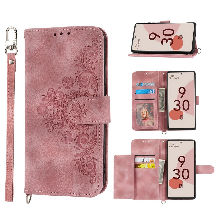 For Google Pixel 6a Skin-feel Flowers Embossed Wallet Leather Phone Case
