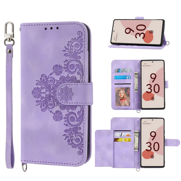 For Google Pixel 6a Skin-feel Flowers Embossed Wallet Leather Phone Case