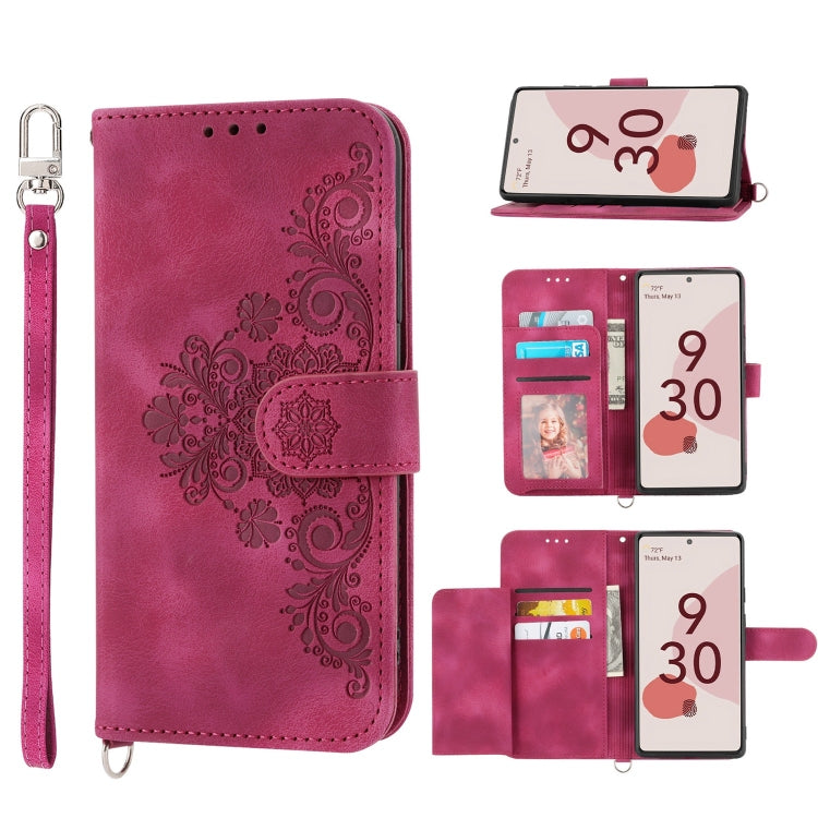 For Google Pixel 6a Skin-feel Flowers Embossed Wallet Leather Phone Case