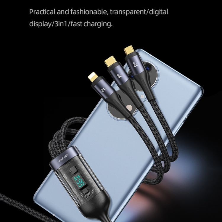 USAMS SJ582 U83 66W 3 in 1 Aluminum Alloy Transparent Digital Display Fast Charging Cable,Cable Length: 1.2m