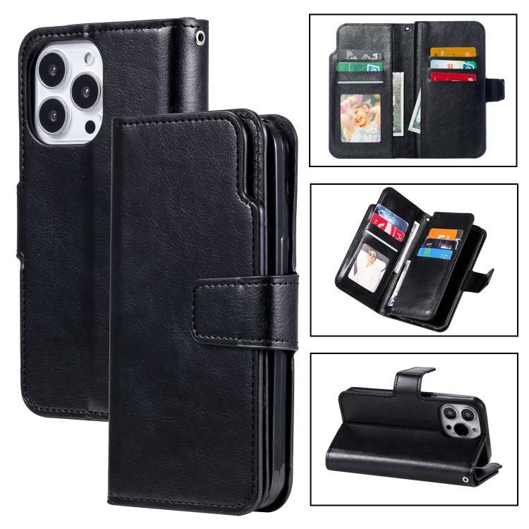 For iPhone 14 Pro Litchi Texture 9 Card Tri-Fold Wallets Leather Phone Case