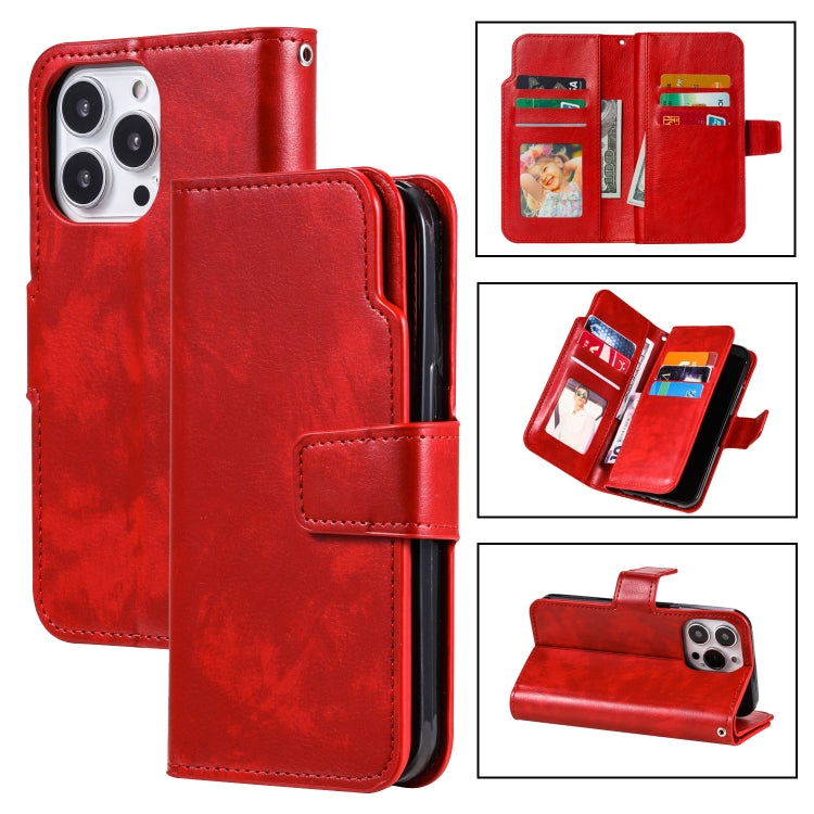 For iPhone 14 Pro Max Litchi Texture 9 Card Tri-Fold Wallets Leather Phone Case