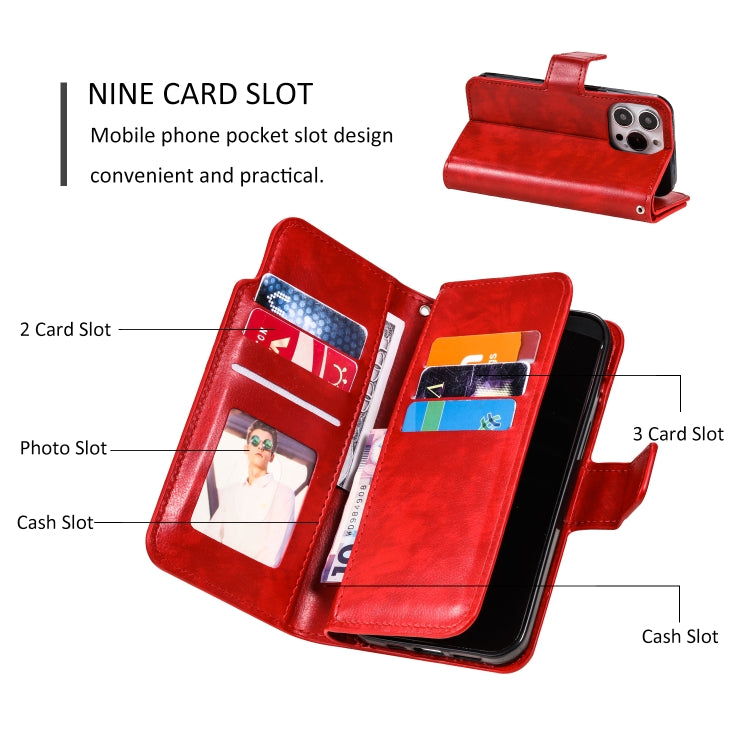 For iPhone 14 Pro Max Litchi Texture 9 Card Tri-Fold Wallets Leather Phone Case