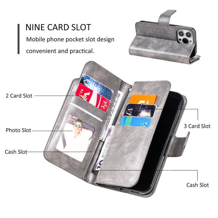 For iPhone 14 Pro Max Litchi Texture 9 Card Tri-Fold Wallets Leather Phone Case