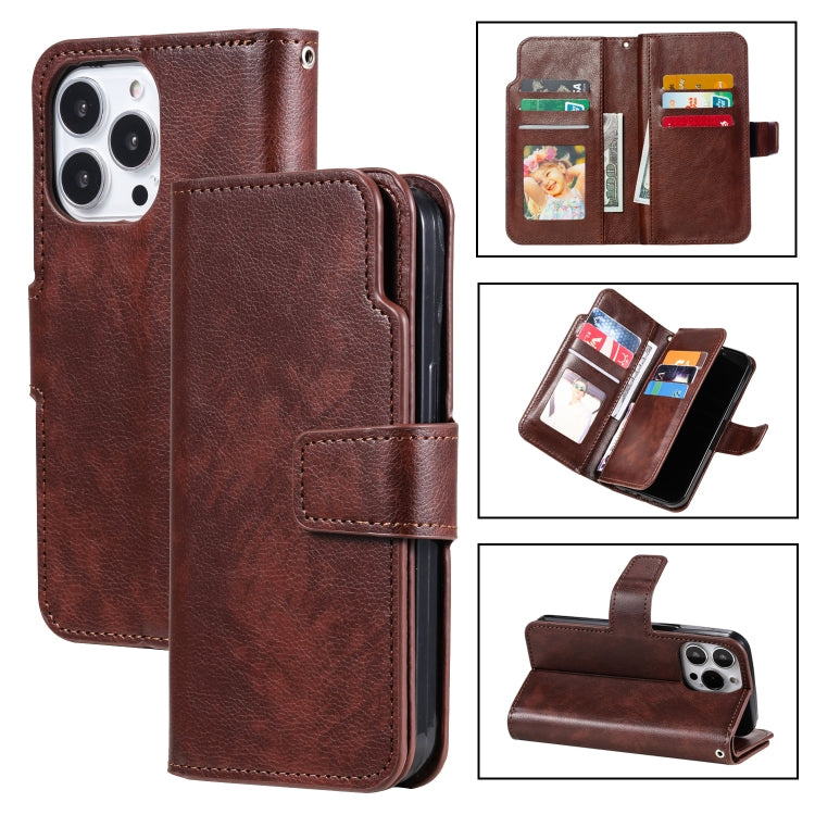 For iPhone 14 Pro Max Litchi Texture 9 Card Tri-Fold Wallets Leather Phone Case