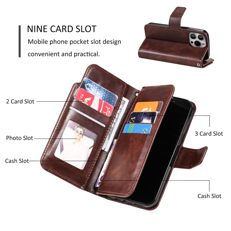 For iPhone 14 Pro Max Litchi Texture 9 Card Tri-Fold Wallets Leather Phone Case