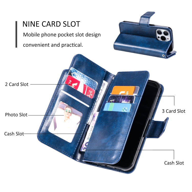 For iPhone 14 Pro Max Litchi Texture 9 Card Tri-Fold Wallets Leather Phone Case