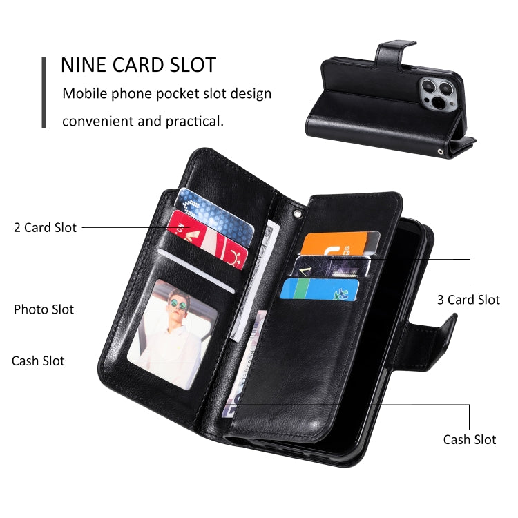 For iPhone 14 Pro Max Litchi Texture 9 Card Tri-Fold Wallets Leather Phone Case