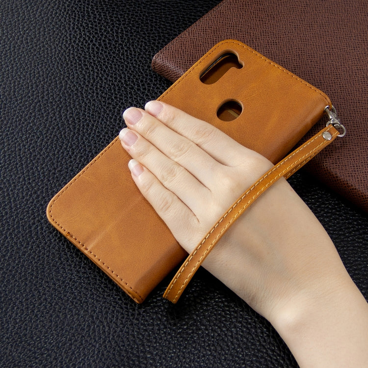 For Galaxy A11 Retro Lambskin Texture Pure Color Horizontal Flip PU Leather Case with Holder & Card Slots & Wallet & Lanyard