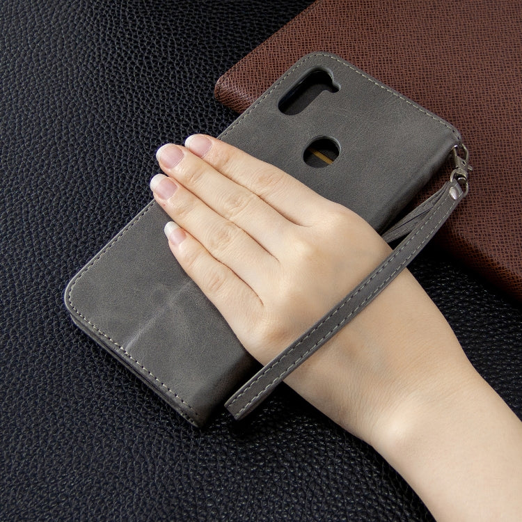 For Galaxy A11 Retro Lambskin Texture Pure Color Horizontal Flip PU Leather Case with Holder & Card Slots & Wallet & Lanyard