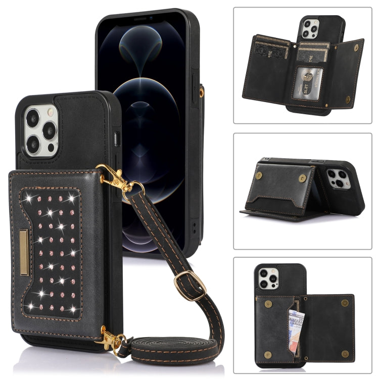 For iPhone 12 Pro Max Three-fold RFID Leather Phone Case with Lanyard
