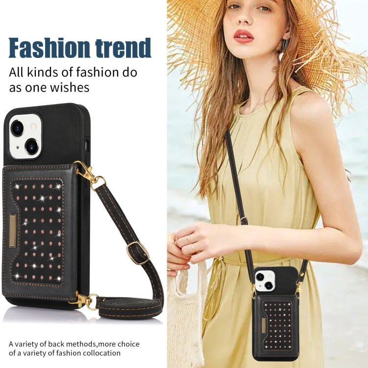 For iPhone 13 Three-fold RFID Leather Phone Case with Lanyard