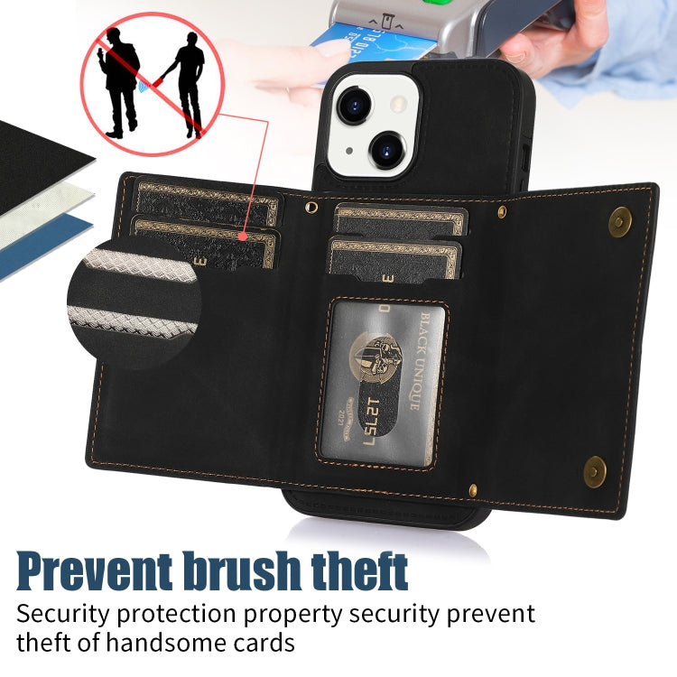 For iPhone 13 Three-fold RFID Leather Phone Case with Lanyard