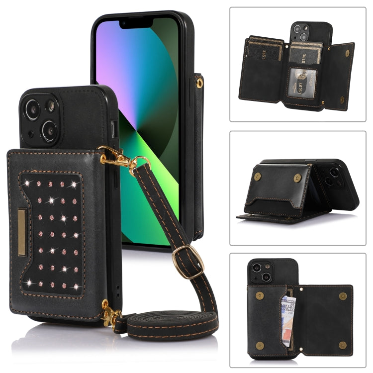 For iPhone 13 Mini Three-fold RFID Leather Phone Case with Lanyard