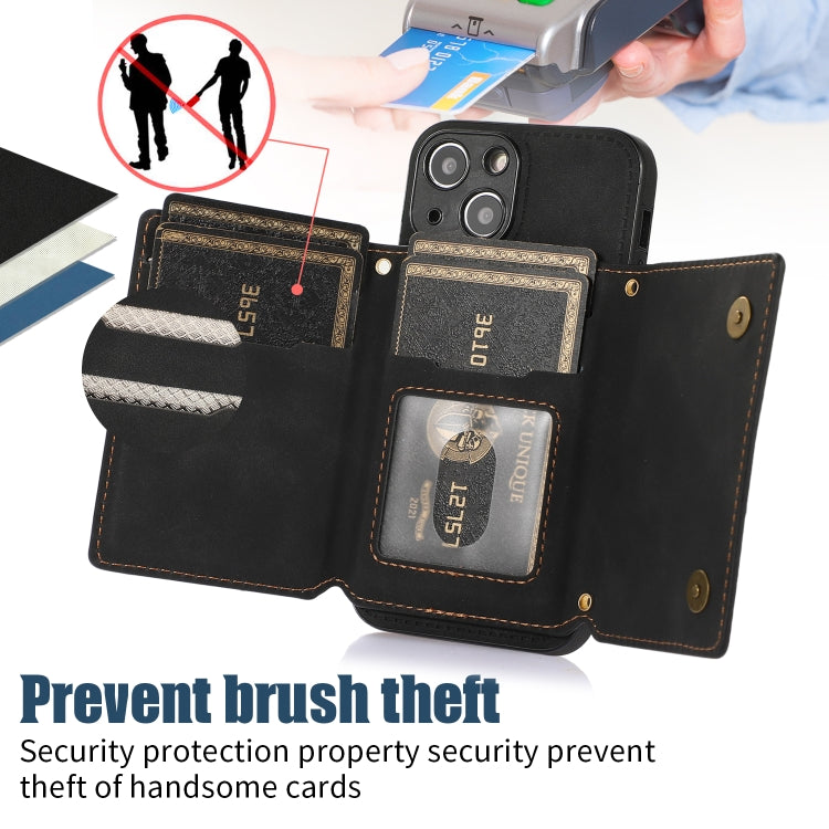 For iPhone 13 Mini Three-fold RFID Leather Phone Case with Lanyard