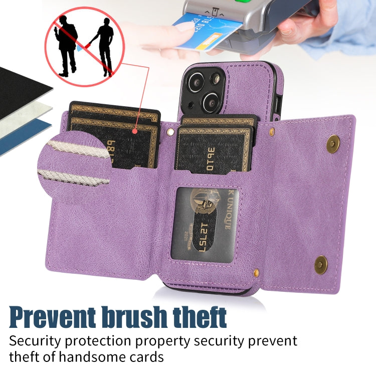 For iPhone 13 Mini Three-fold RFID Leather Phone Case with Lanyard