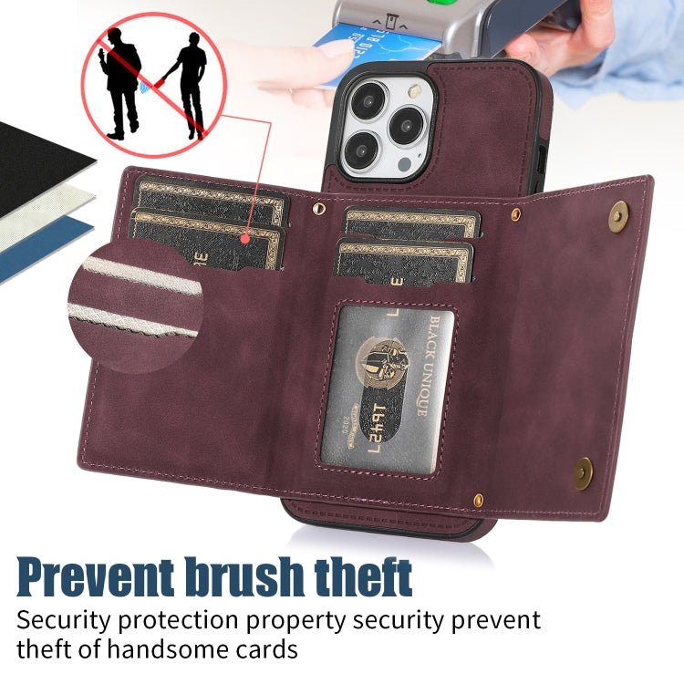 For iPhone 13 Pro Three-fold RFID Leather Phone Case with Lanyard
