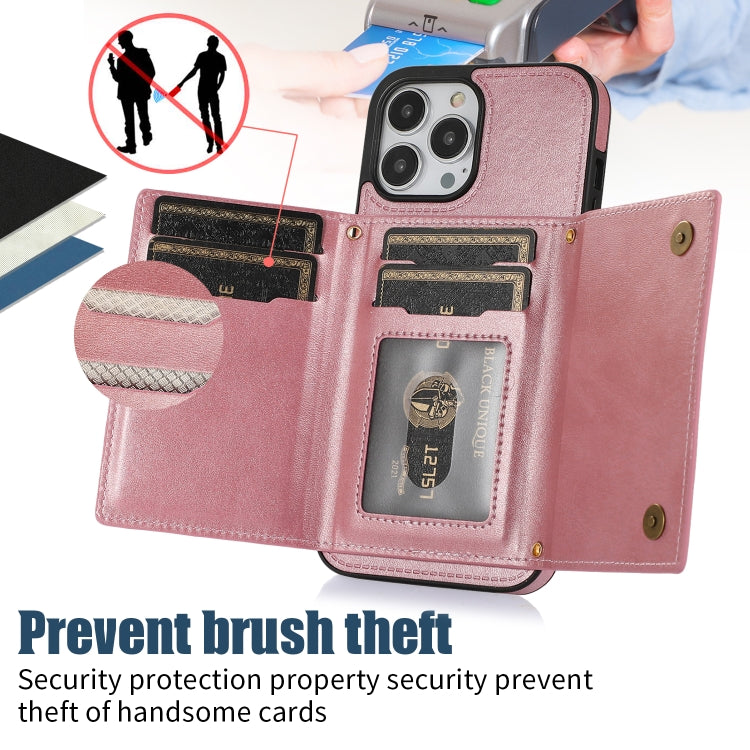 For iPhone 13 Pro Three-fold RFID Leather Phone Case with Lanyard