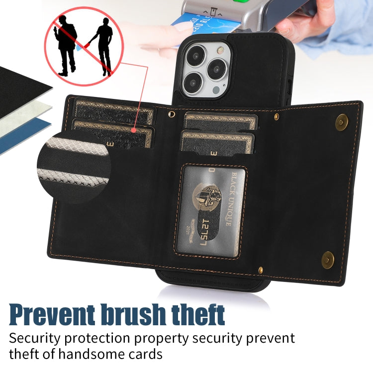 For iPhone 13 Pro Max Three-fold RFID Leather Phone Case with Lanyard