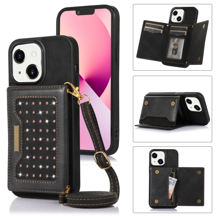 For iPhone 14 Three-fold RFID Leather Phone Case with Lanyard