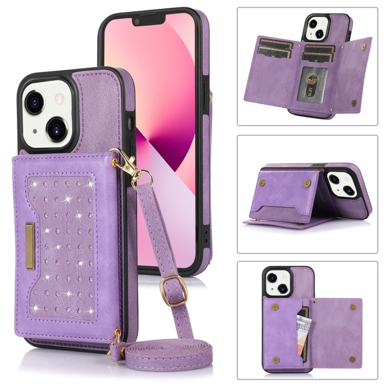 For iPhone 14 Three-fold RFID Leather Phone Case with Lanyard