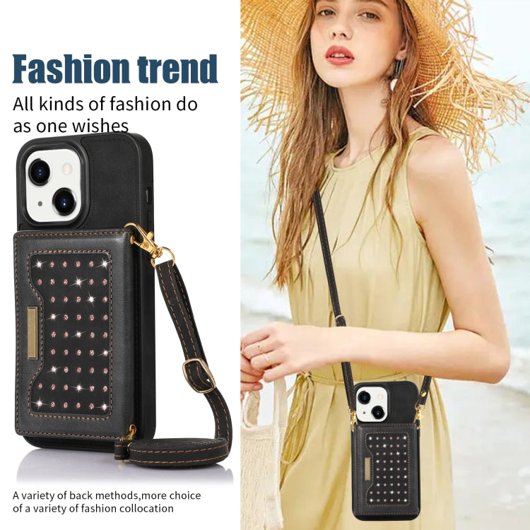 For iPhone 14 Plus Three-fold RFID Leather Phone Case with Lanyard