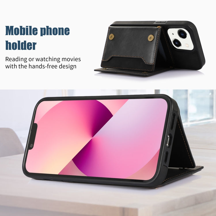 For iPhone 14 Plus Three-fold RFID Leather Phone Case with Lanyard