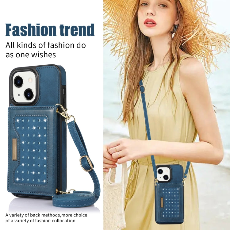 For iPhone 14 Plus Three-fold RFID Leather Phone Case with Lanyard