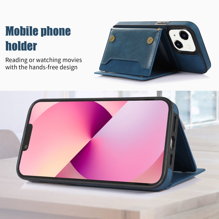 For iPhone 14 Plus Three-fold RFID Leather Phone Case with Lanyard