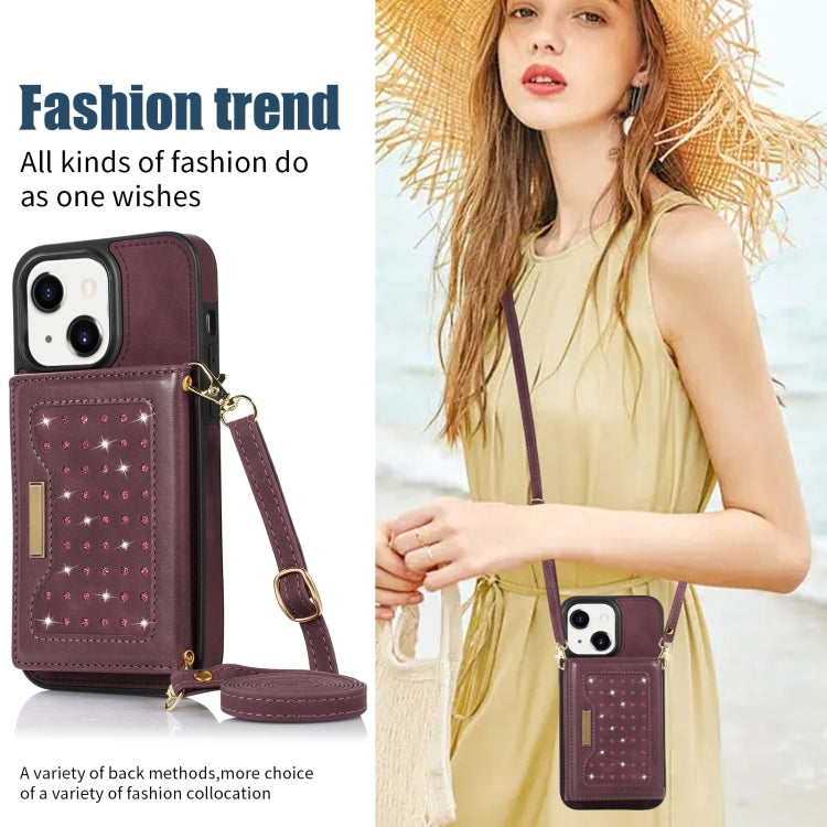 For iPhone 14 Plus Three-fold RFID Leather Phone Case with Lanyard