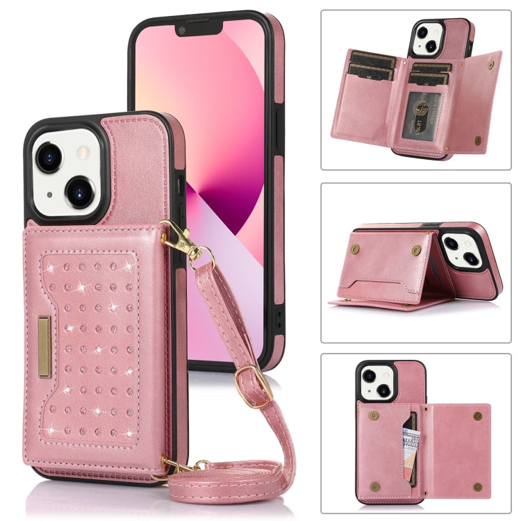 For iPhone 14 Plus Three-fold RFID Leather Phone Case with Lanyard