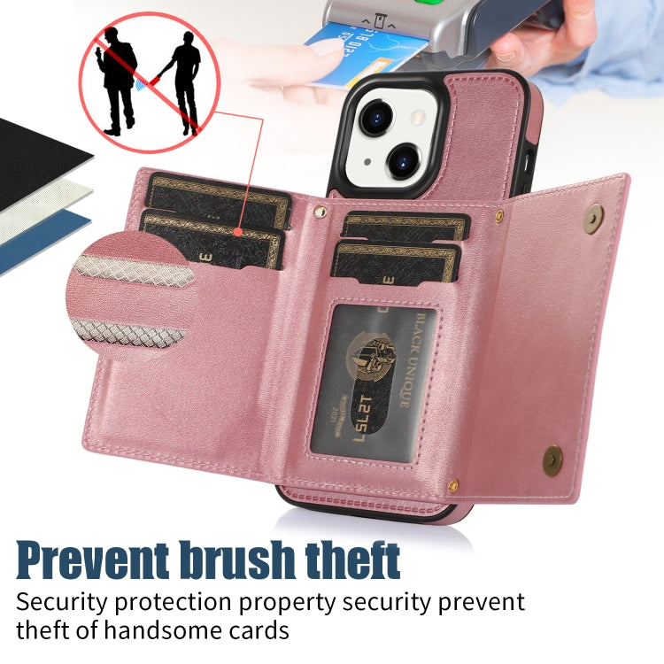 For iPhone 14 Plus Three-fold RFID Leather Phone Case with Lanyard