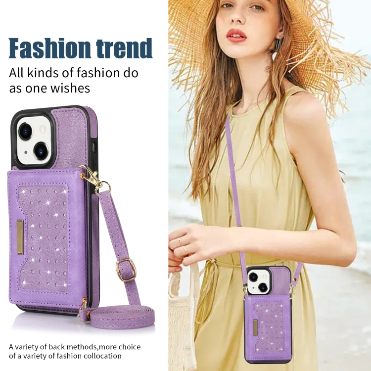 For iPhone 14 Plus Three-fold RFID Leather Phone Case with Lanyard
