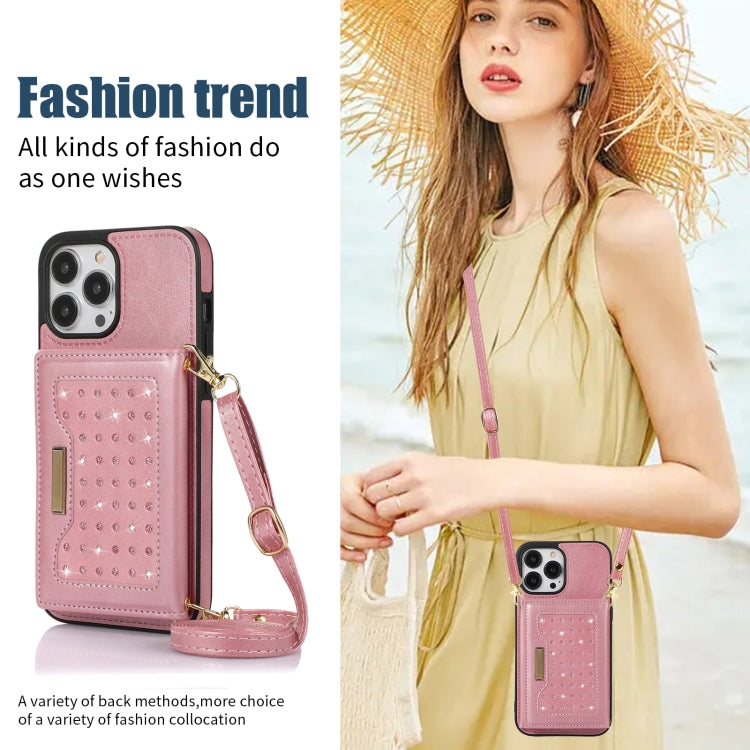 For iPhone 14 Pro Max Three-fold RFID Leather Phone Case with Lanyard