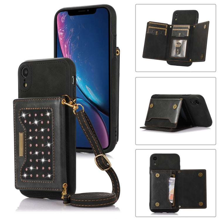 For iPhone XR Three-fold RFID Leather Phone Case with Lanyard