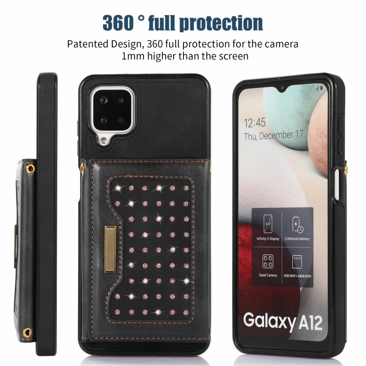 For Samsung Galaxy A12 Three-fold RFID Leather Phone Case with Lanyard
