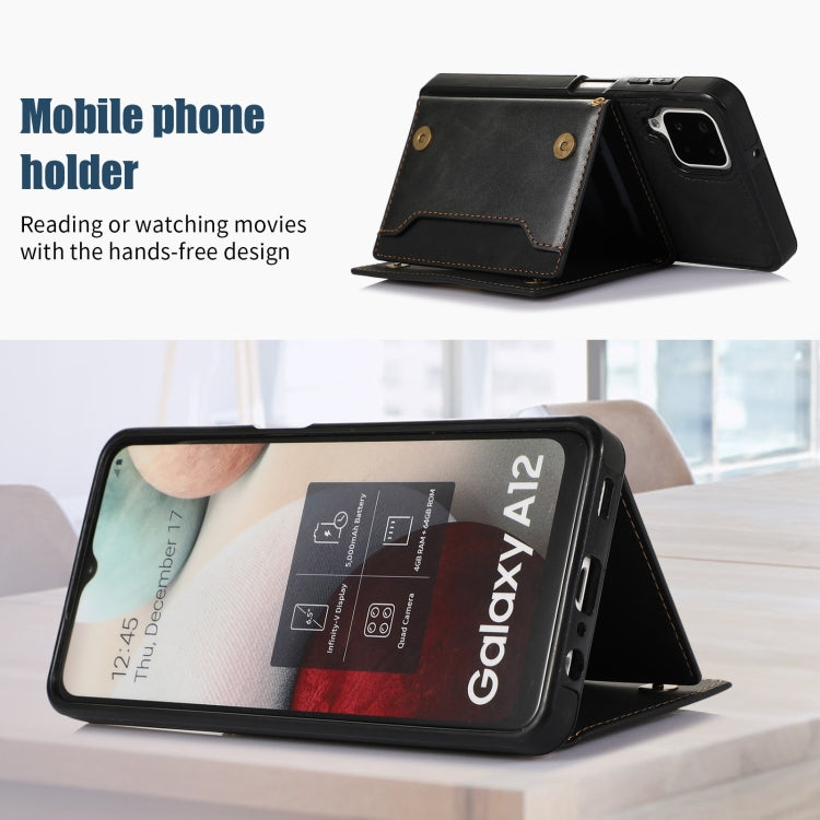 For Samsung Galaxy A12 Three-fold RFID Leather Phone Case with Lanyard
