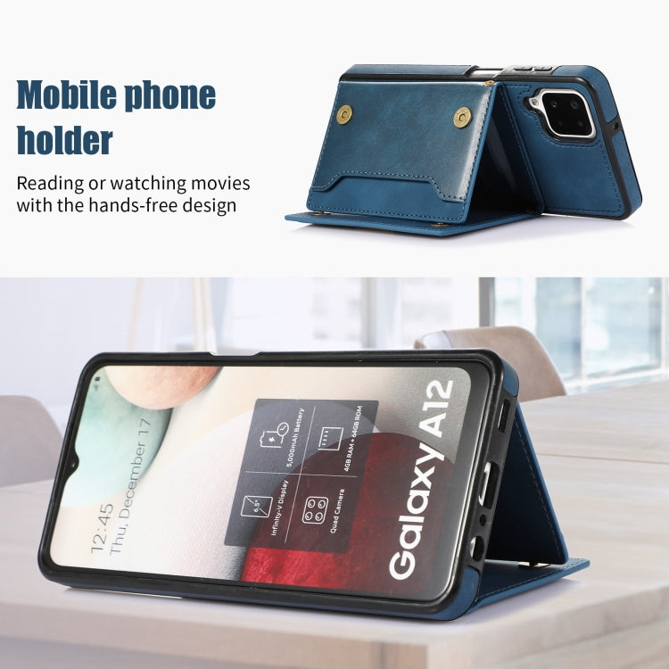 For Samsung Galaxy A12 Three-fold RFID Leather Phone Case with Lanyard