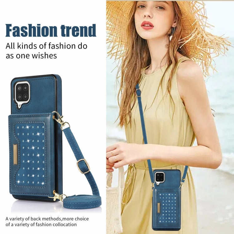 For Samsung Galaxy A12 Three-fold RFID Leather Phone Case with Lanyard