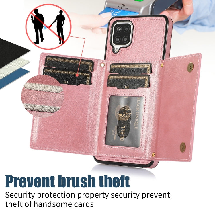 For Samsung Galaxy A12 Three-fold RFID Leather Phone Case with Lanyard