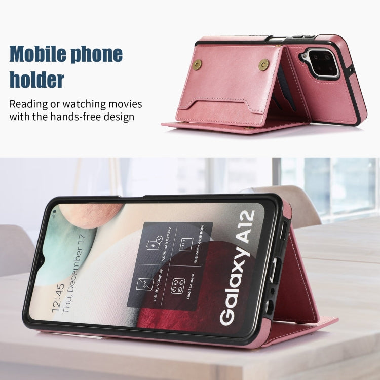 For Samsung Galaxy A12 Three-fold RFID Leather Phone Case with Lanyard